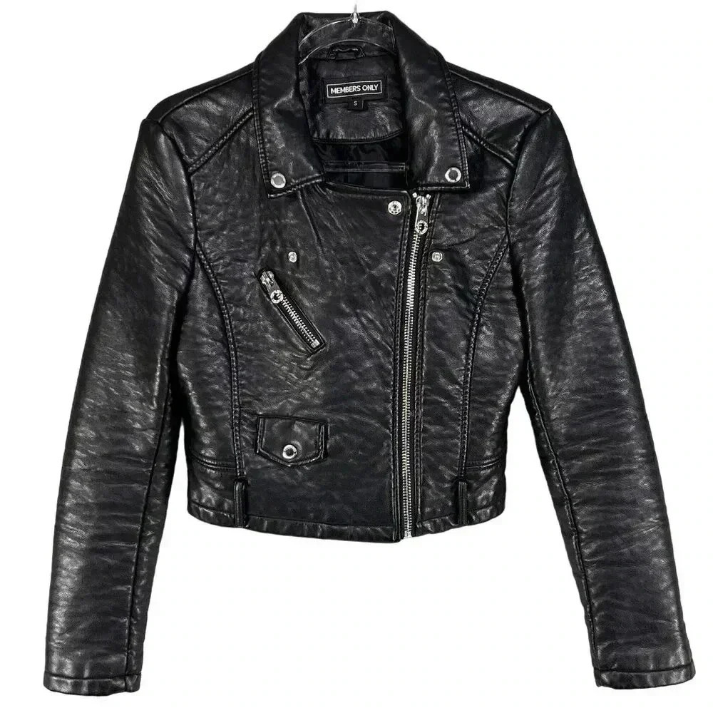 Members Only Womens S Black ASYM Zip Cropped Faux Leather Bomber Moto Jacket Y2K